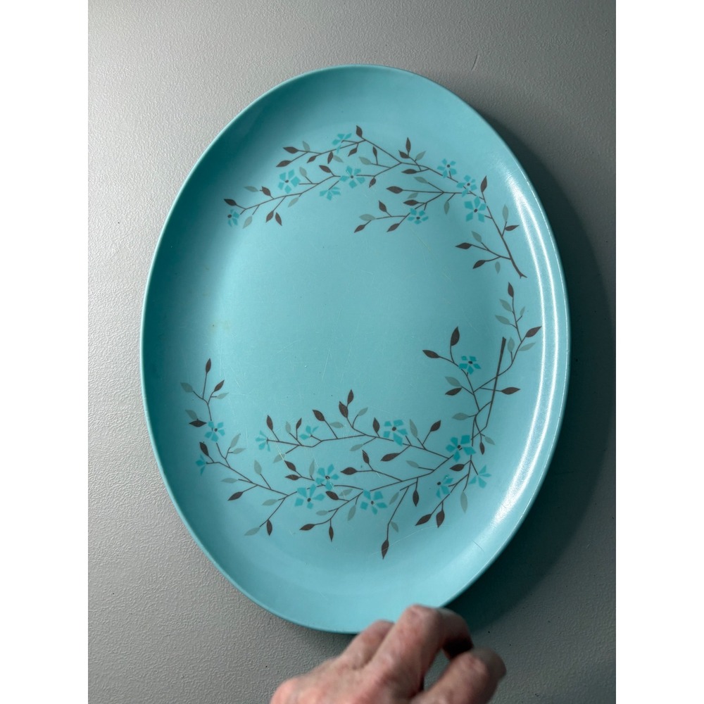 VTG Melamine Turquoise Blue Floral Oval Serving Platter Mid Century Modern - Picture 2 of 7